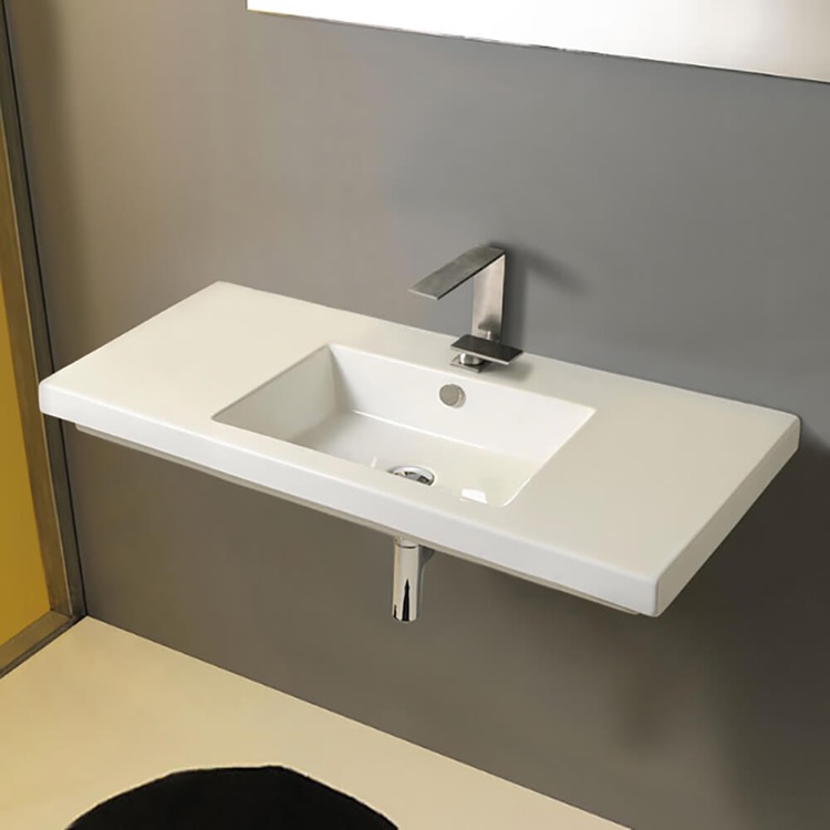 Bathroom Sink, Tecla CAN03011-One Hole, Rectangular White Ceramic Wall Mounted or Drop In Sink